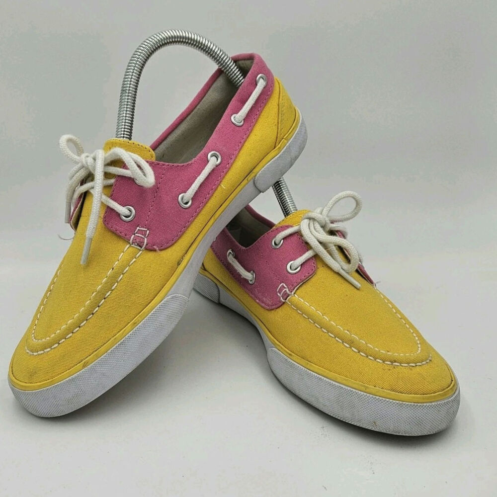 Ralph Lauren Polo Bristol‎ Canvas Boat Shoes Yellow Pink Women 7.5 B Slip On